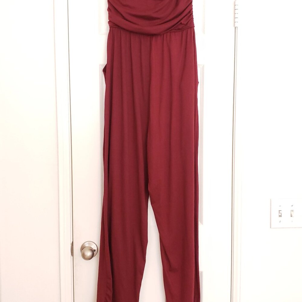 Woman Burgundy Stretchy Cute Tube Top Jumpsuit - Picture 2 of 8